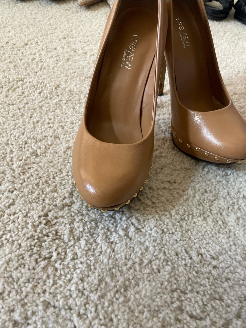 Preview International Tan Round-Toe Platform Pumps with Gold Stud Trim
